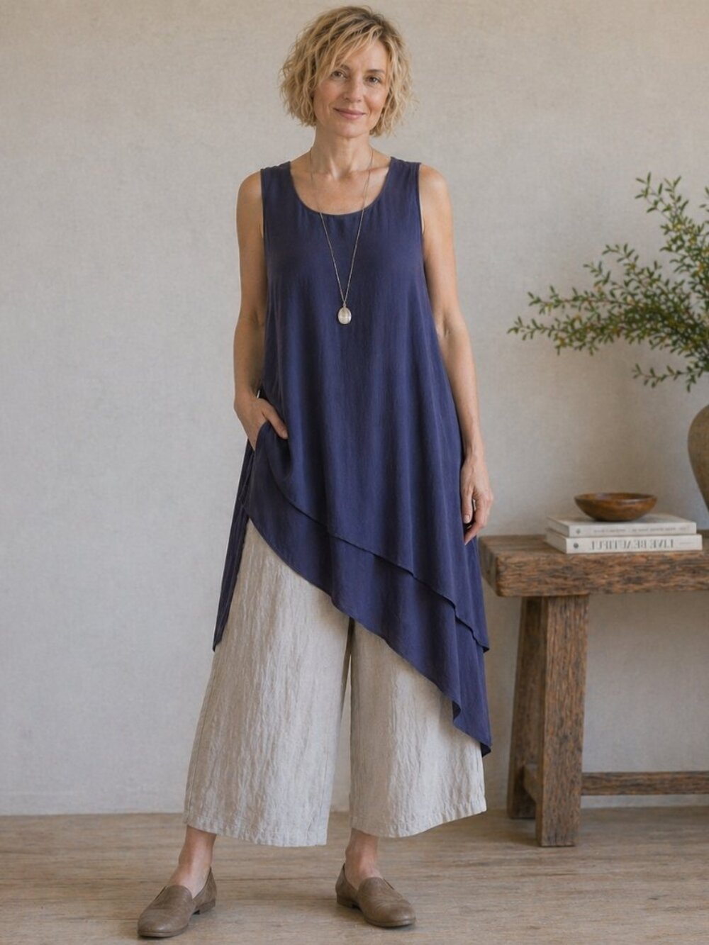 Eileen Fisher 100% Silk Navy Sleeveless Flowy Asymmetrical Hem Midi Dress-Large